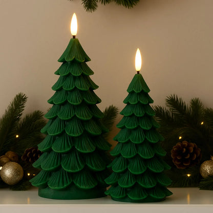 Tall Layered Forest Green Real Wax LED Christmas Tree Candle With Realistic Flickering Flame Festive Battery Operated Decorative Light 22x11x11cm | Click Style
