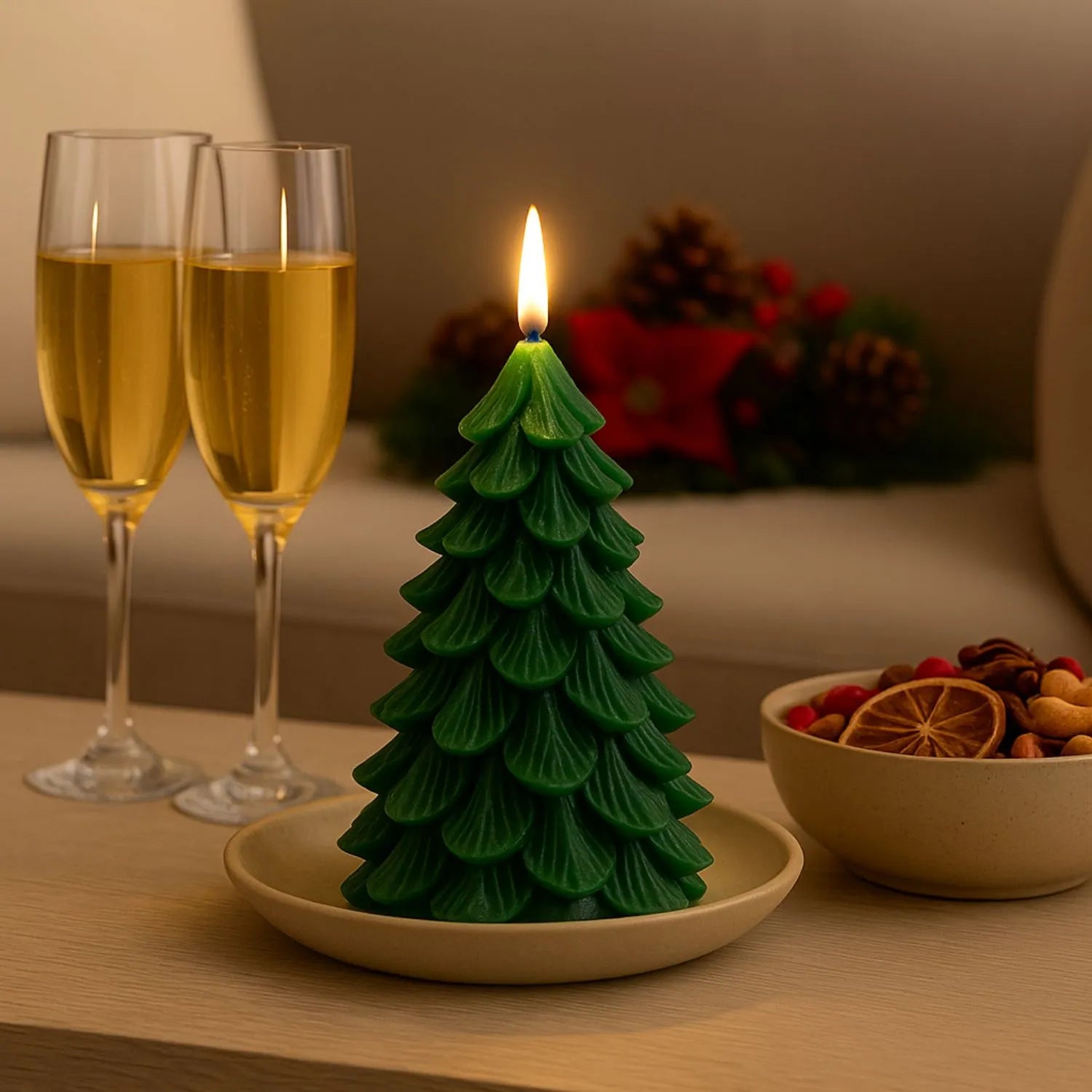 Tall Layered Forest Green Real Wax LED Christmas Tree Candle With Realistic Flickering Flame Festive Battery Operated Decorative Light 22x11x11cm | Click Style