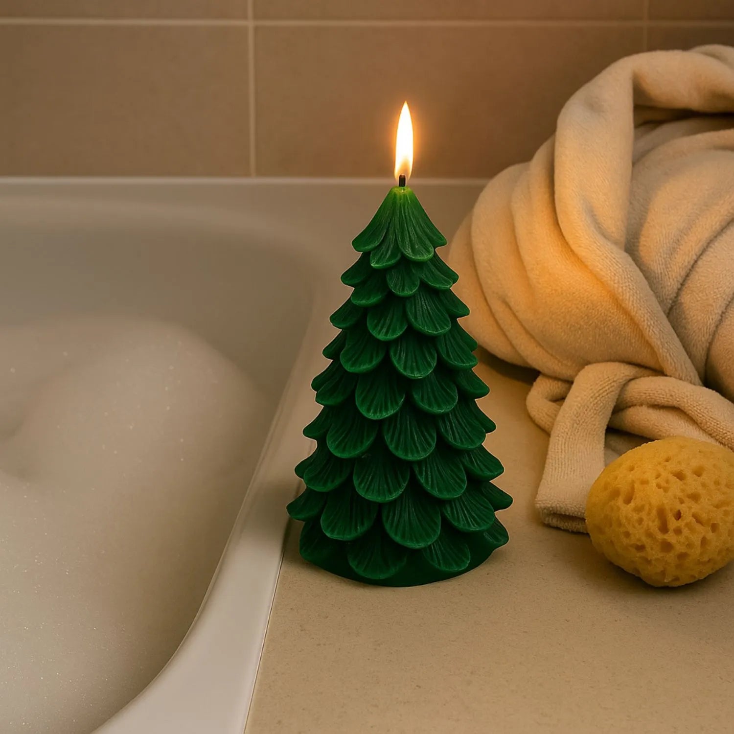 Tall Layered Forest Green Real Wax LED Christmas Tree Candle With Realistic Flickering Flame Festive Battery Operated Decorative Light 22x11x11cm | Click Style