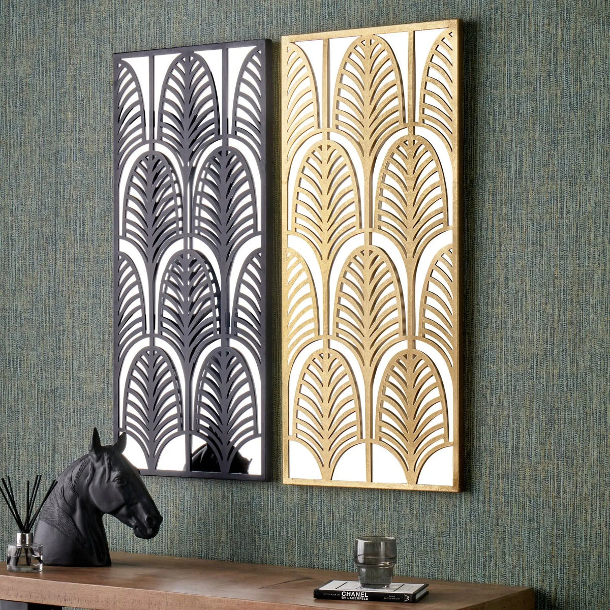 Tall Matt Black Metal Art Deco Mirrored Wall Art with Cut-Out Palm Pat ...