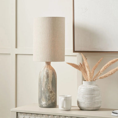 Tall Matt Brown Organic Mouth-Blown Glass Bottle Table Lamp with Tall Natural Linen Drum Shade – Handcrafted Marbled Glass Lighting 66x22x22cm | Click Style