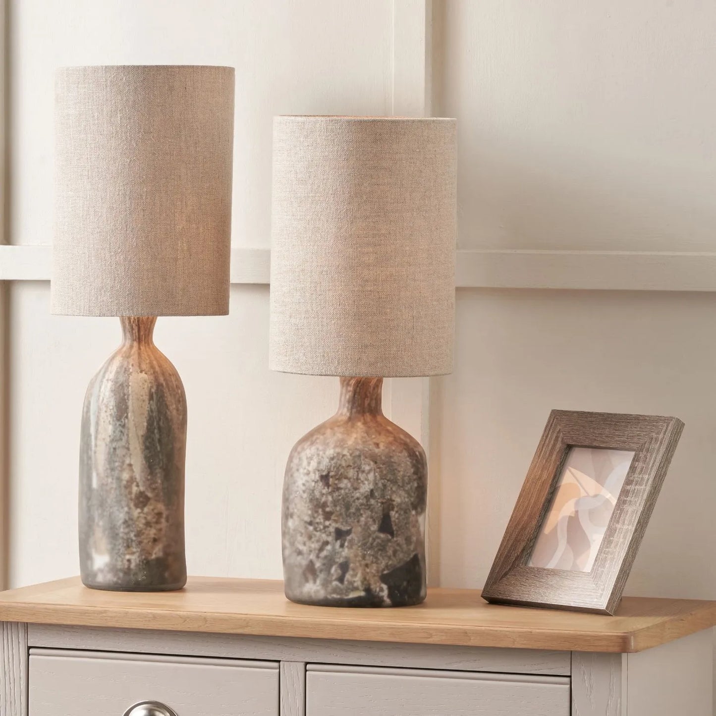 Tall Matt Brown Organic Mouth-Blown Glass Bottle Table Lamp with Tall Natural Linen Drum Shade – Handcrafted Marbled Glass Lighting 66x22x22cm | Click Style