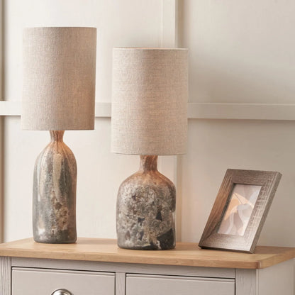 Tall Matt Brown Organic Mouth-Blown Glass Bottle Table Lamp with Tall Natural Linen Drum Shade – Handcrafted Marbled Glass Lighting 66x22x22cm | Click Style