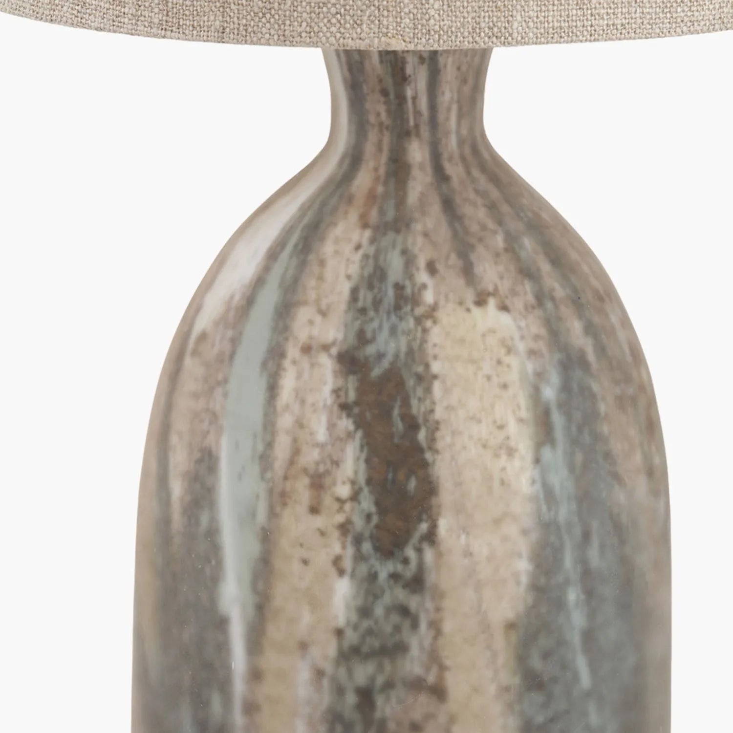 Tall Matt Brown Organic Mouth-Blown Glass Bottle Table Lamp with Tall Natural Linen Drum Shade – Handcrafted Marbled Glass Lighting 66x22x22cm | Click Style