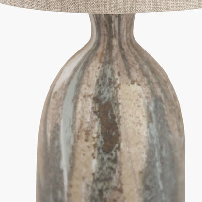 Tall Matt Brown Organic Mouth-Blown Glass Bottle Table Lamp with Tall Natural Linen Drum Shade – Handcrafted Marbled Glass Lighting 66x22x22cm | Click Style