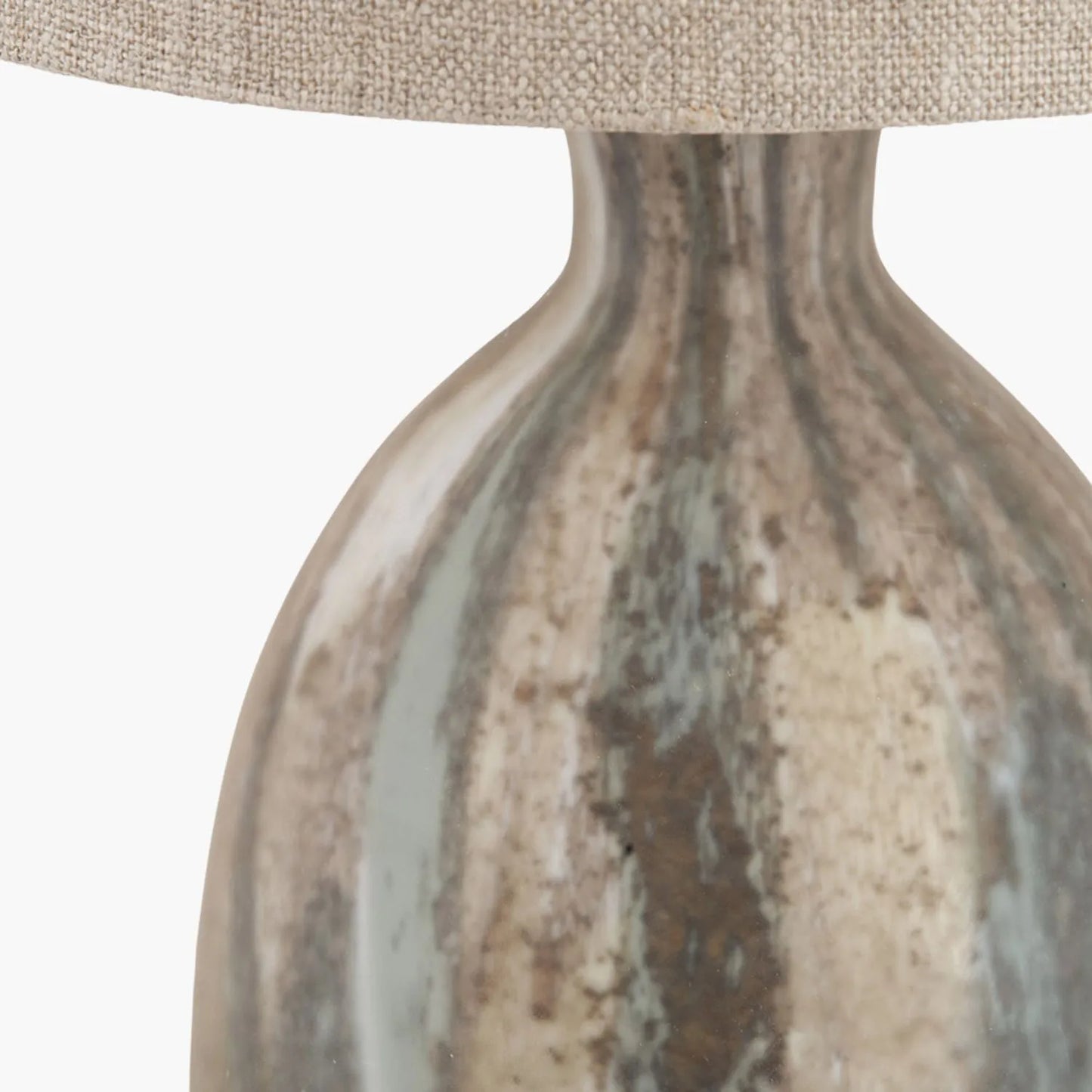 Tall Matt Brown Organic Mouth-Blown Glass Bottle Table Lamp with Tall Natural Linen Drum Shade – Handcrafted Marbled Glass Lighting 66x22x22cm | Click Style
