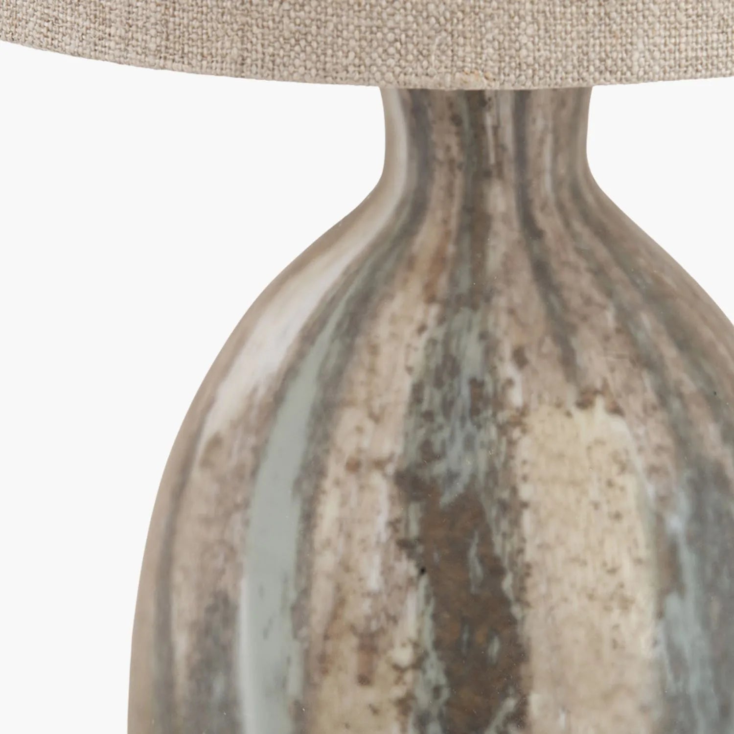 Tall Matt Brown Organic Mouth-Blown Glass Bottle Table Lamp with Tall Natural Linen Drum Shade – Handcrafted Marbled Glass Lighting 66x22x22cm | Click Style