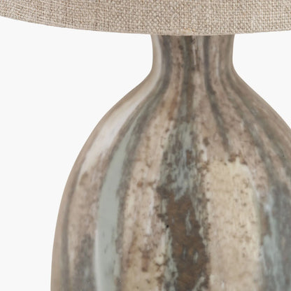 Tall Matt Brown Organic Mouth-Blown Glass Bottle Table Lamp with Tall Natural Linen Drum Shade – Handcrafted Marbled Glass Lighting 66x22x22cm | Click Style