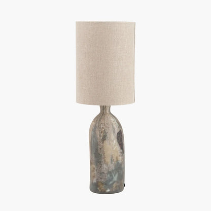 Tall Matt Brown Organic Mouth-Blown Glass Bottle Table Lamp with Tall Natural Linen Drum Shade – Handcrafted Marbled Glass Lighting 66x22x22cm | Click Style