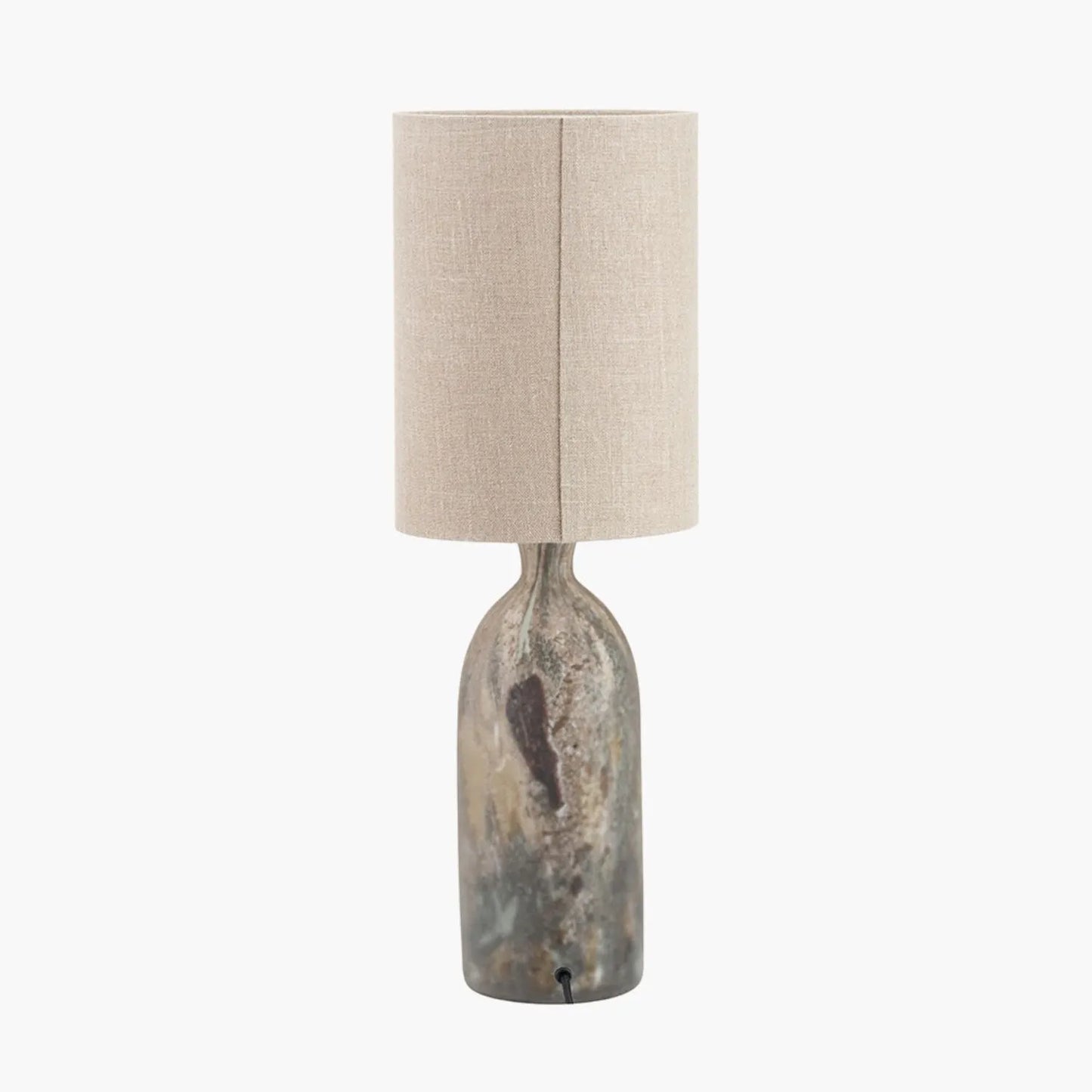 Tall Matt Brown Organic Mouth-Blown Glass Bottle Table Lamp with Tall Natural Linen Drum Shade – Handcrafted Marbled Glass Lighting 66x22x22cm | Click Style