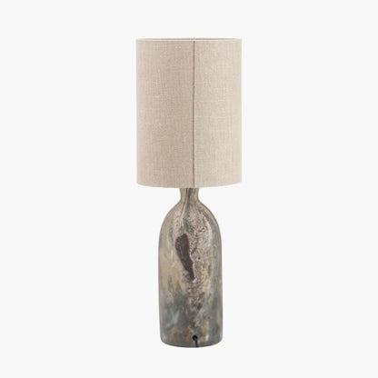 Tall Matt Brown Organic Mouth-Blown Glass Bottle Table Lamp with Tall Natural Linen Drum Shade – Handcrafted Marbled Glass Lighting 66x22x22cm | Click Style