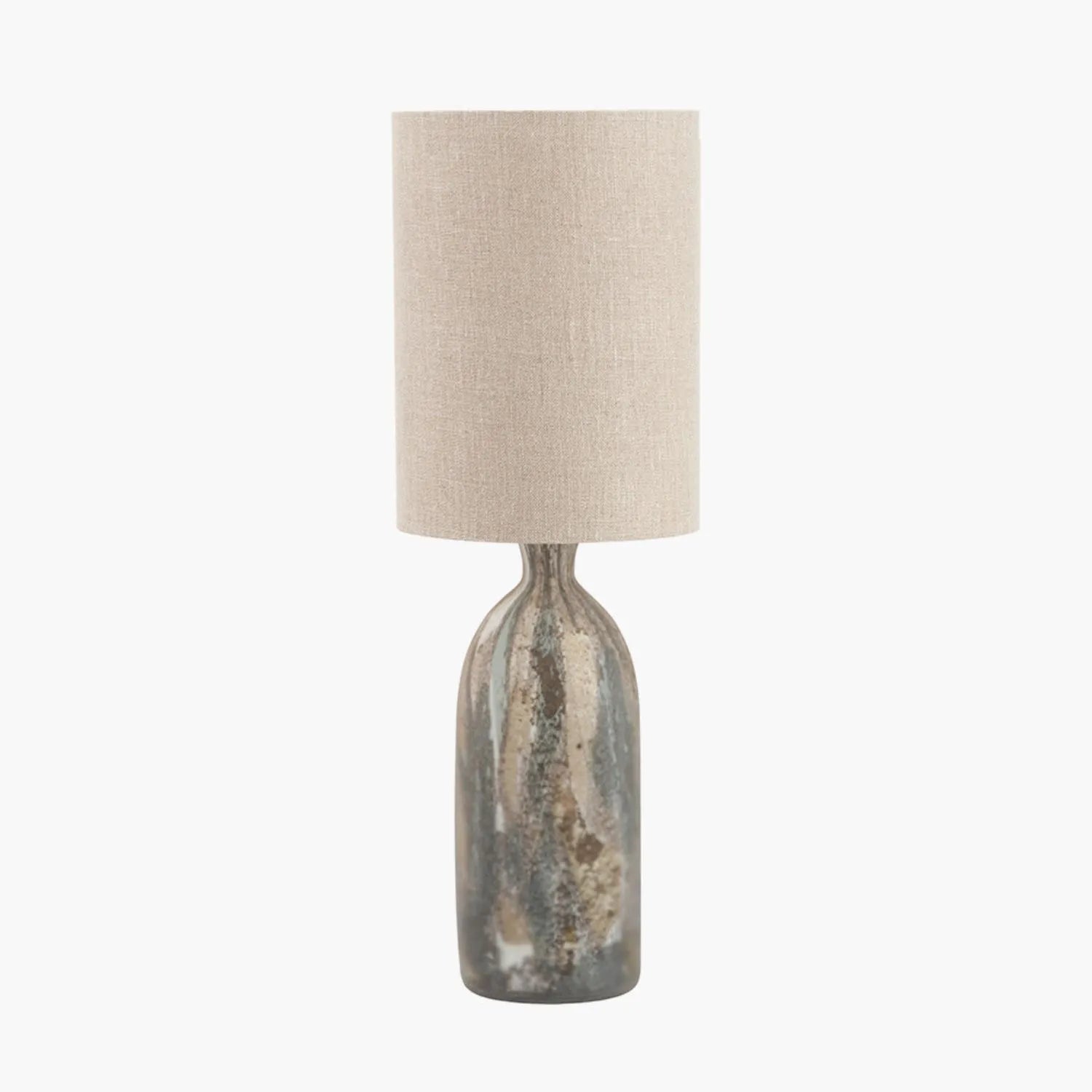 Tall Matt Brown Organic Mouth-Blown Glass Bottle Table Lamp with Tall Natural Linen Drum Shade – Handcrafted Marbled Glass Lighting 66x22x22cm | Click Style