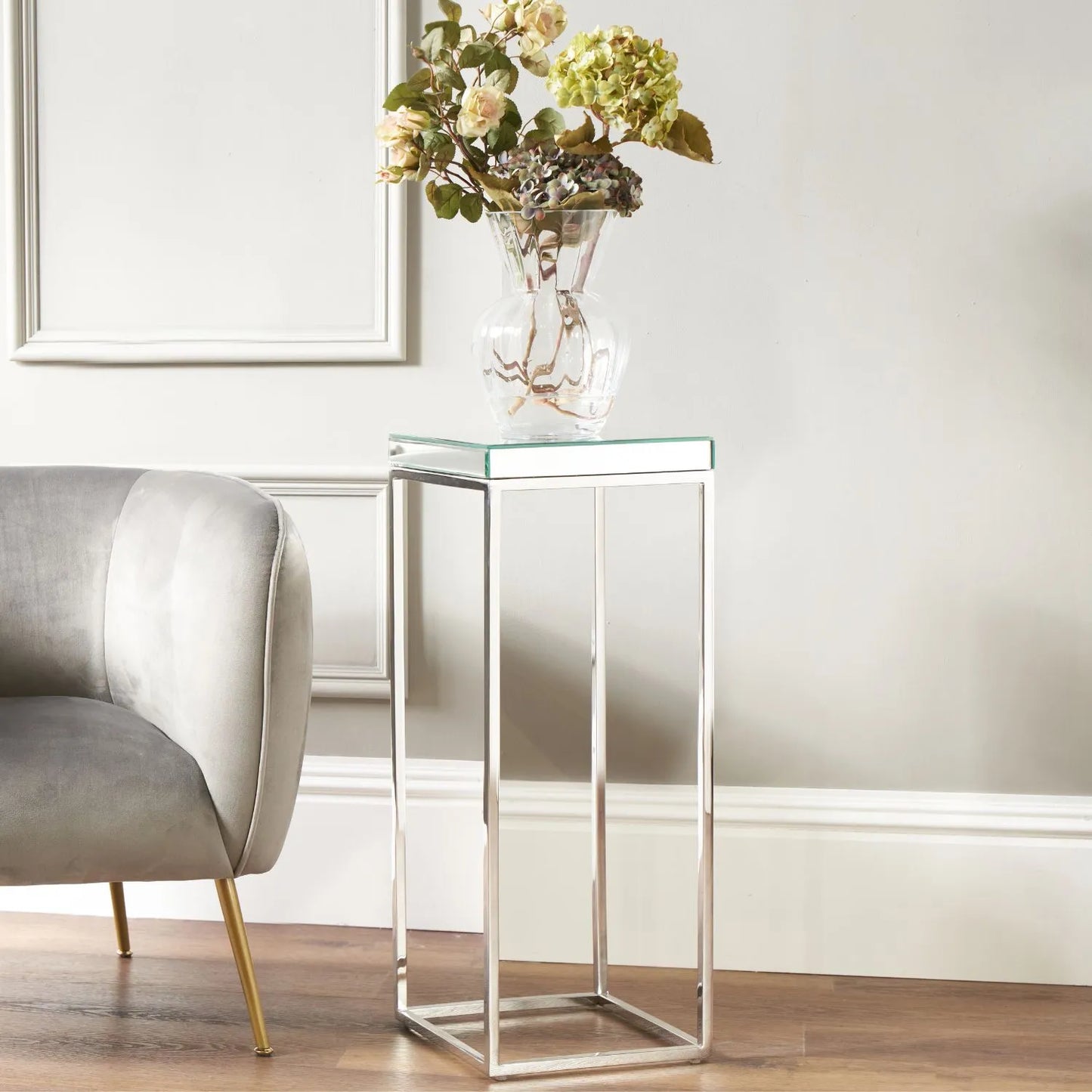 Tall mirrored glass and silver metal square side table with bevelled mirrored top – slim accent or sofa side table 77x30x30cm | Click Style