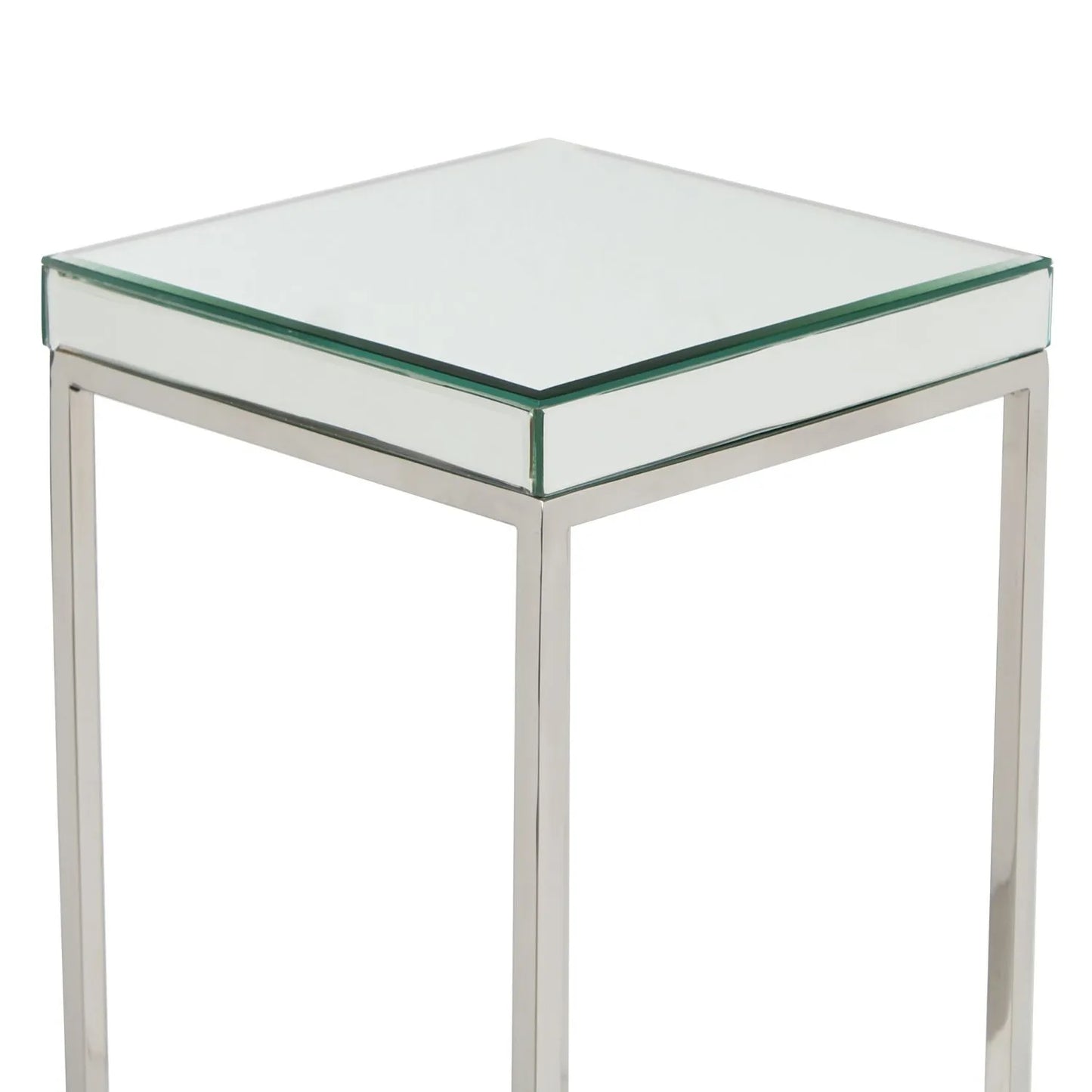 Tall mirrored glass and silver metal square side table with bevelled mirrored top – slim accent or sofa side table 77x30x30cm | Click Style
