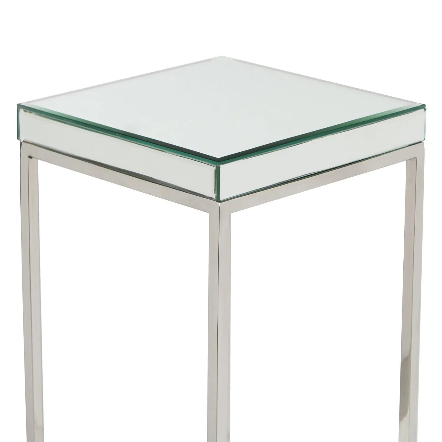 Tall mirrored glass and silver metal square side table with bevelled mirrored top – slim accent or sofa side table 77x30x30cm | Click Style