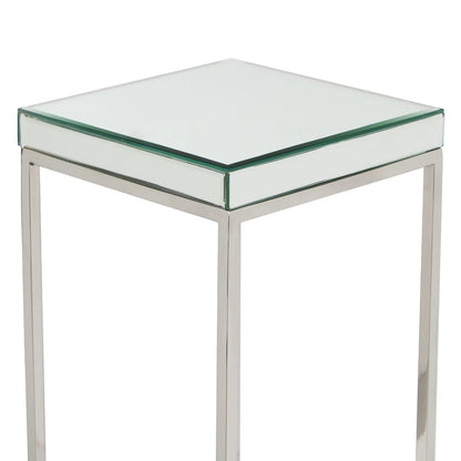 Tall mirrored glass and silver metal square side table with bevelled mirrored top – slim accent or sofa side table 77x30x30cm | Click Style
