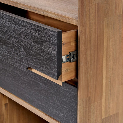 Tall Modern Scandi Black & Natural Acacia Wood Bookcase with 2 Drawers – 7-Niche Wooden Display Shelving Unit 180x100x35cm | Click Style