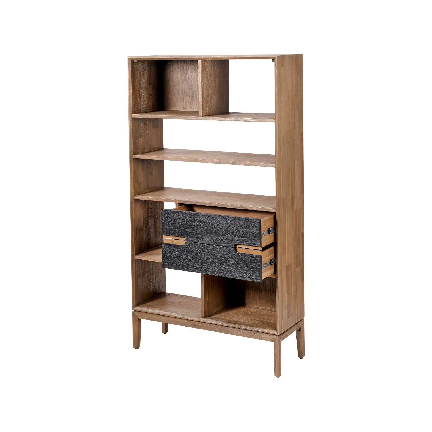 Tall Modern Scandi Black & Natural Acacia Wood Bookcase with 2 Drawers – 7-Niche Wooden Display Shelving Unit 180x100x35cm | Click Style