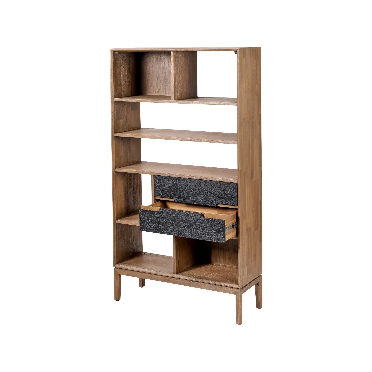 Tall Modern Scandi Black & Natural Acacia Wood Bookcase with 2 Drawers – 7-Niche Wooden Display Shelving Unit 180x100x35cm | Click Style