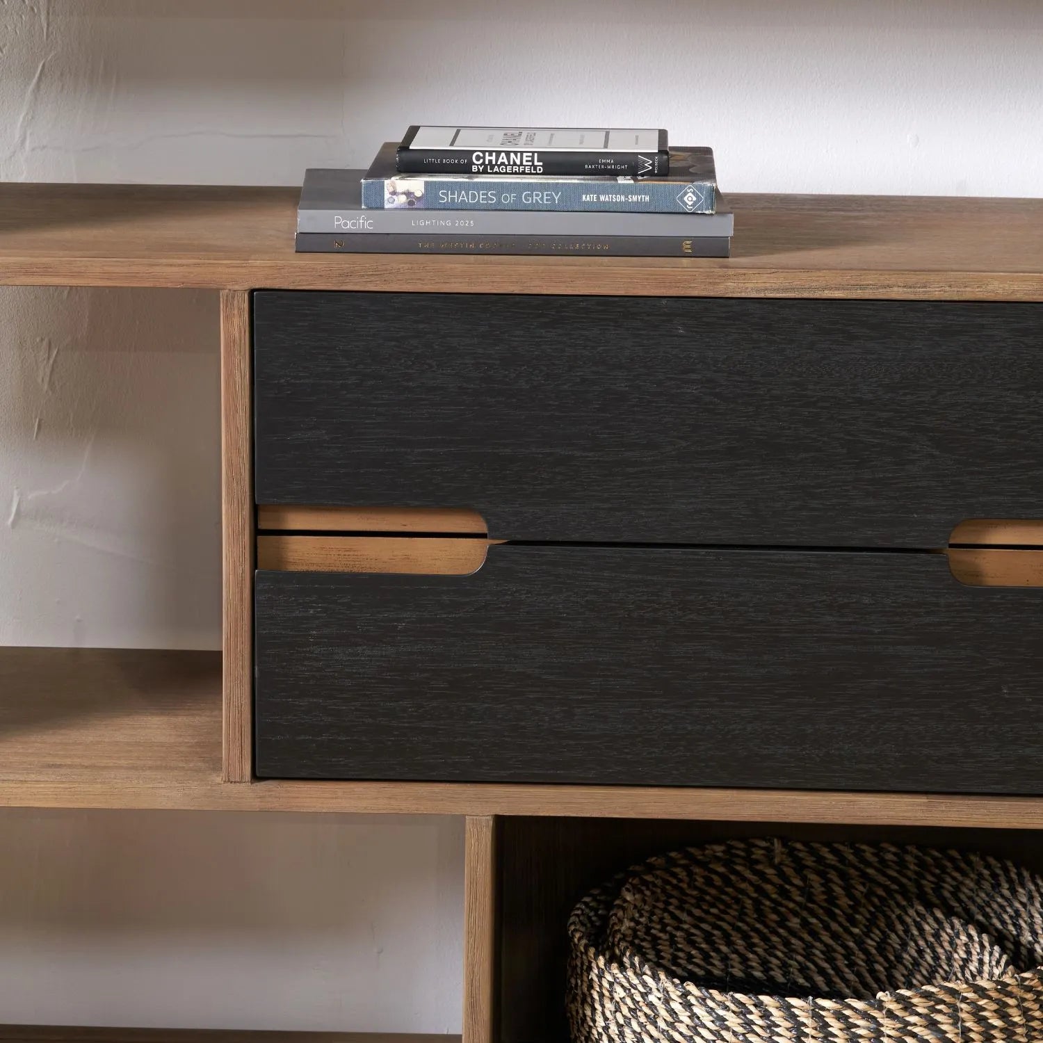 Tall Modern Scandi Black & Natural Acacia Wood Bookcase with 2 Drawers – 7-Niche Wooden Display Shelving Unit 180x100x35cm | Click Style