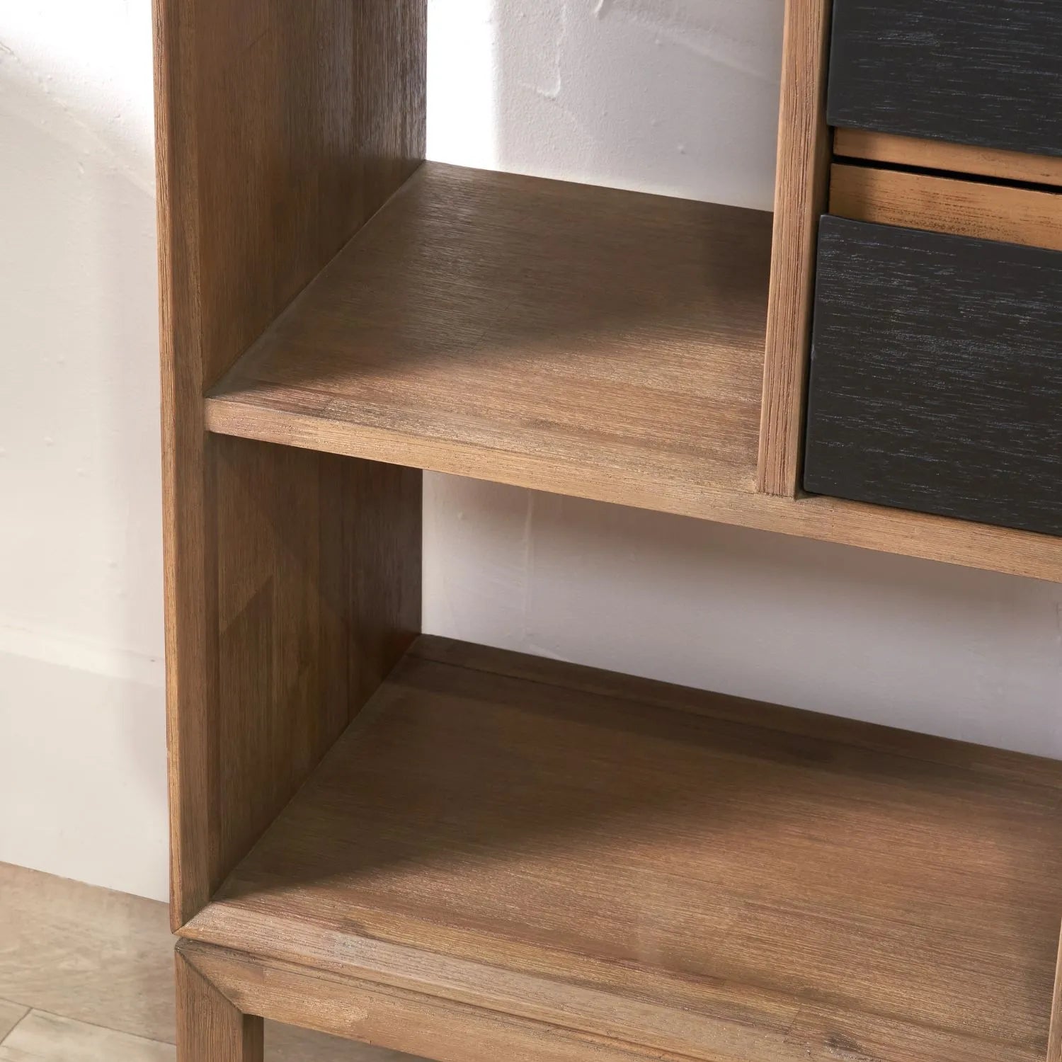 Tall Modern Scandi Black & Natural Acacia Wood Bookcase with 2 Drawers – 7-Niche Wooden Display Shelving Unit 180x100x35cm | Click Style