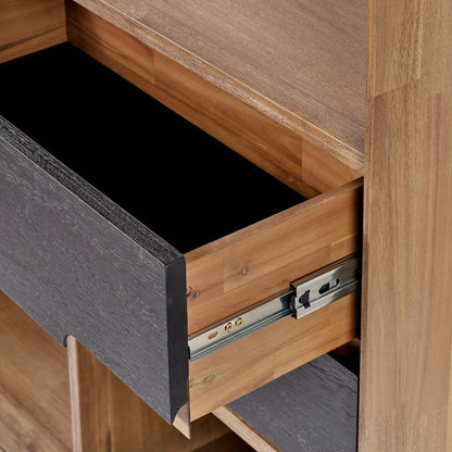 Tall Modern Scandi Black & Natural Acacia Wood Bookcase with 2 Drawers – 7-Niche Wooden Display Shelving Unit 180x100x35cm | Click Style