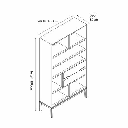 Tall Modern Scandi Black & Natural Acacia Wood Bookcase with 2 Drawers – 7-Niche Wooden Display Shelving Unit Dimensions 180x100x35cm | Click Style