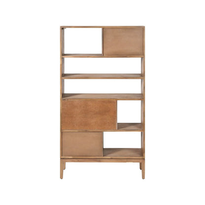 Tall Modern Scandi Black & Natural Acacia Wood Bookcase with 2 Drawers – 7-Niche Wooden Display Shelving Unit  Back 180x100x35cm | Click Style