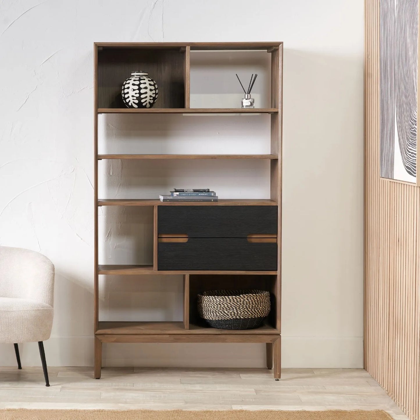 Tall Modern Scandi Black & Natural Acacia Wood Bookcase with 2 Drawers – 7-Niche Wooden Display Shelving Unit 180x100x35cm | Click Style