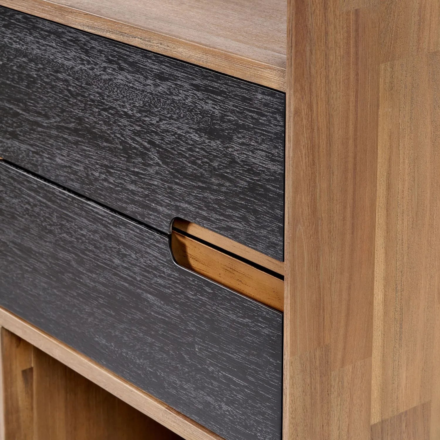 Tall Modern Scandi Black & Natural Acacia Wood Bookcase with 2 Drawers – 7-Niche Wooden Display Shelving Unit 180x100x35cm | Click Style