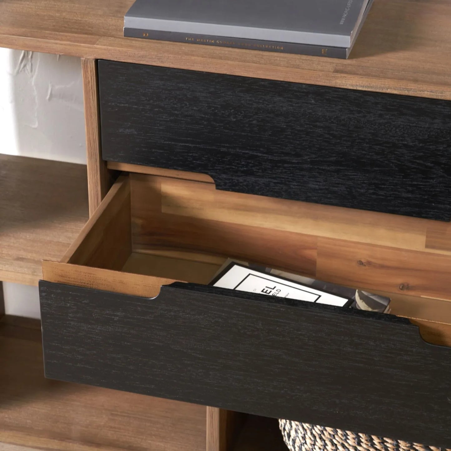 Tall Modern Scandi Black & Natural Acacia Wood Bookcase with 2 Drawers – 7-Niche Wooden Display Shelving Unit 180x100x35cm | Click Style