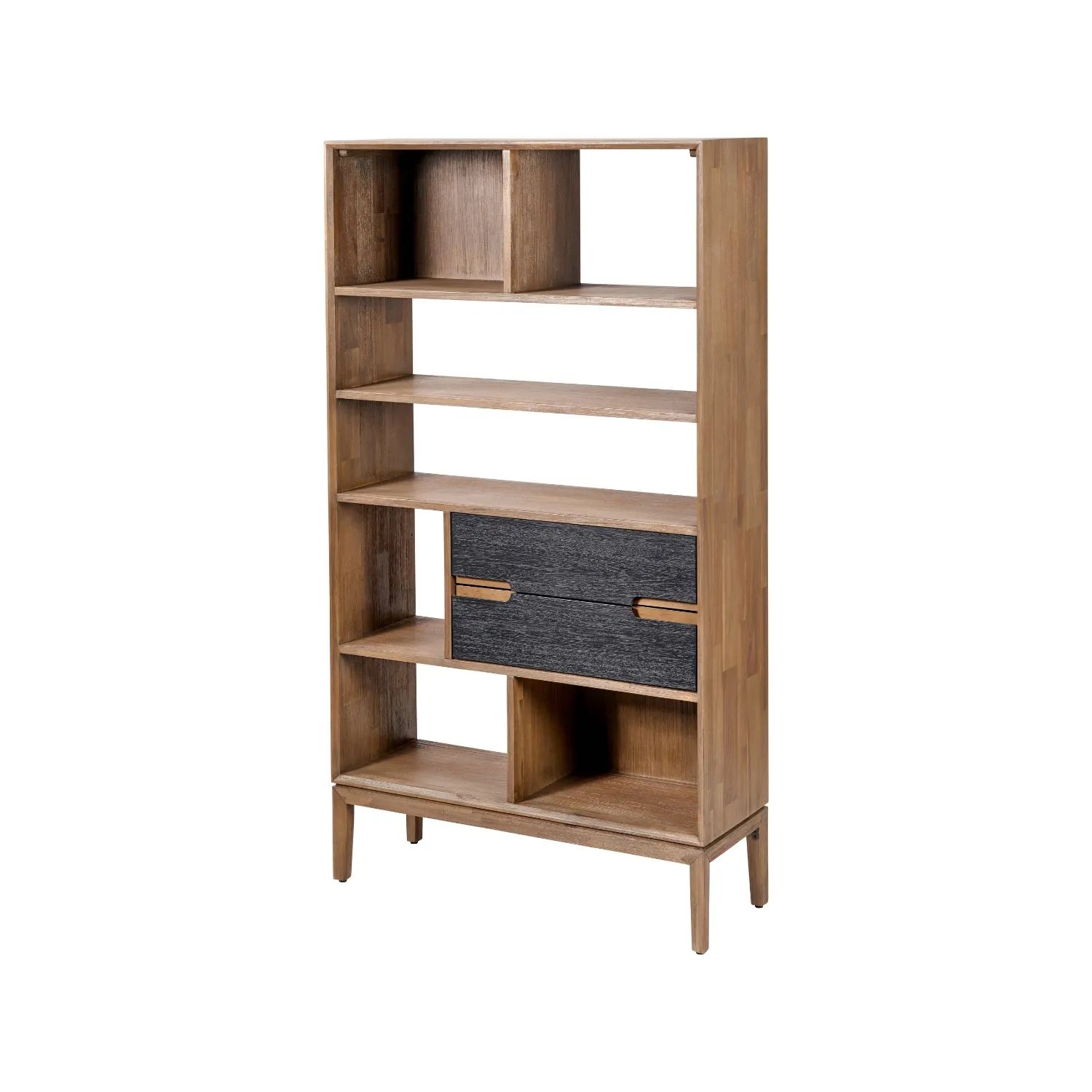 Tall Modern Scandi Black & Natural Acacia Wood Bookcase with 2 Drawers – 7-Niche Wooden Display Shelving Unit 180x100x35cm | Click Style