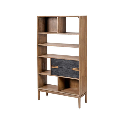 Tall Modern Scandi Black & Natural Acacia Wood Bookcase with 2 Drawers – 7-Niche Wooden Display Shelving Unit 180x100x35cm | Click Style