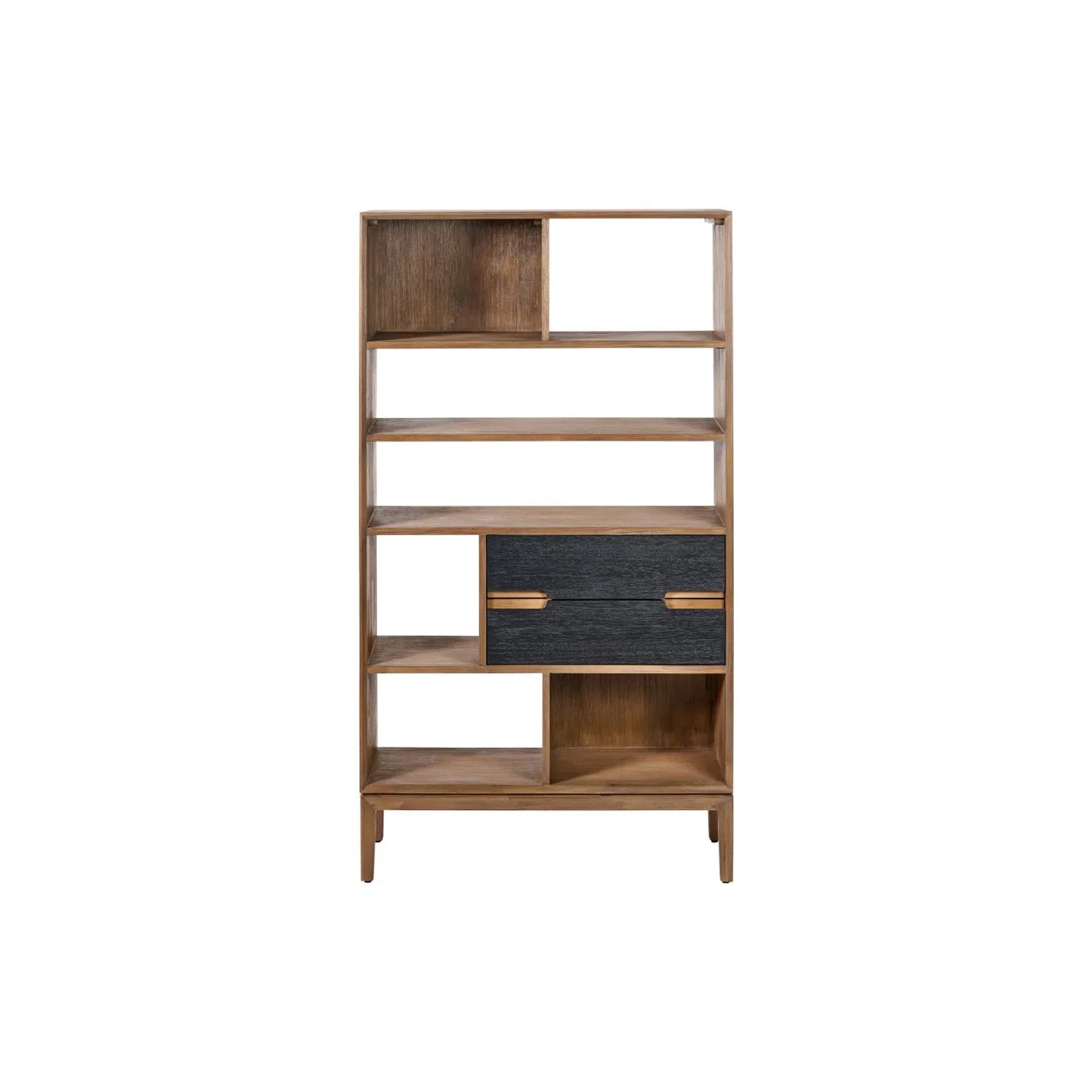 Tall Modern Scandi Black & Natural Acacia Wood Bookcase with 2 Drawers – 7-Niche Wooden Display Shelving Unit 180x100x35cm | Click Style