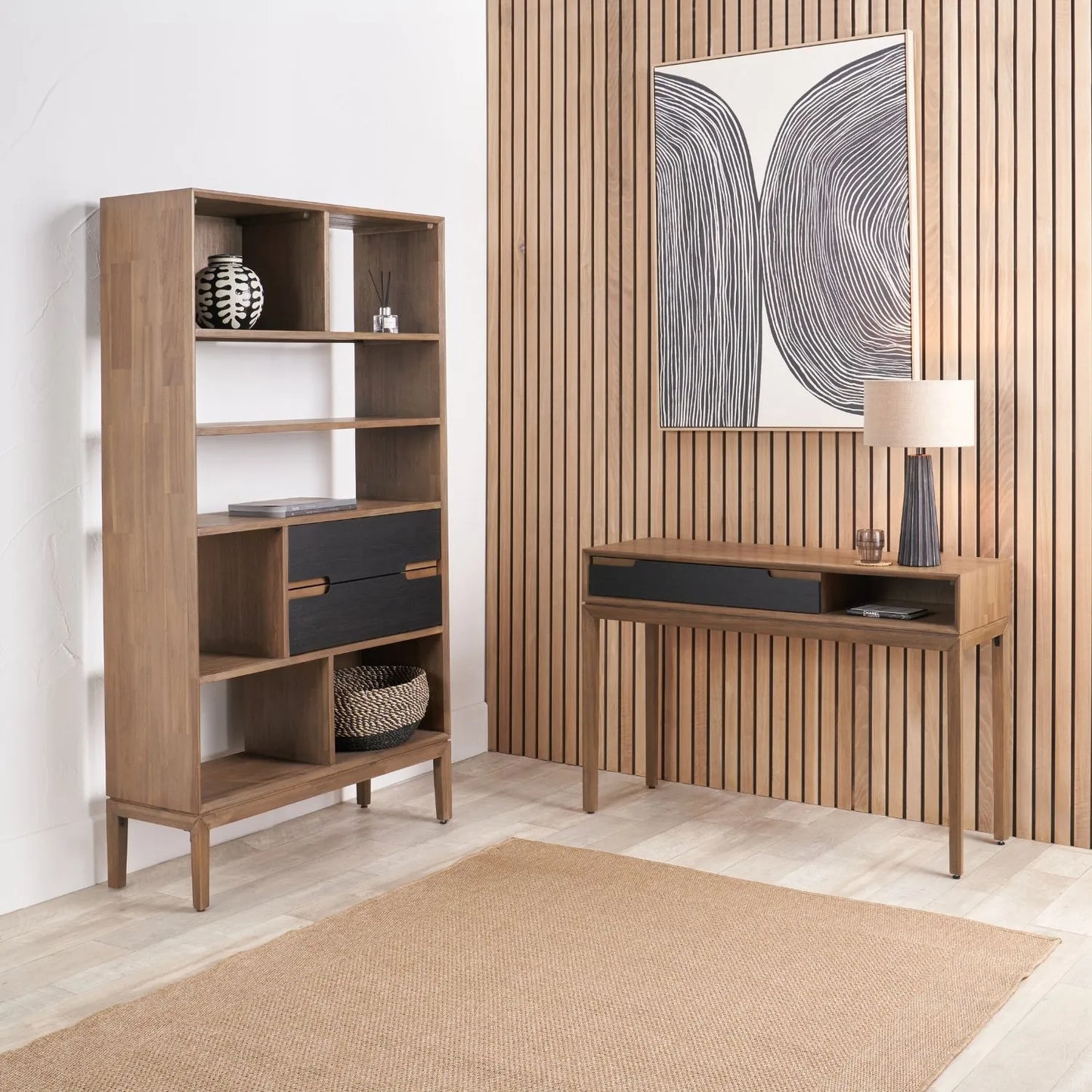 Tall Modern Scandi Black & Natural Acacia Wood Bookcase with 2 Drawers – 7-Niche Wooden Display Shelving Unit 180x100x35cm | Click Style