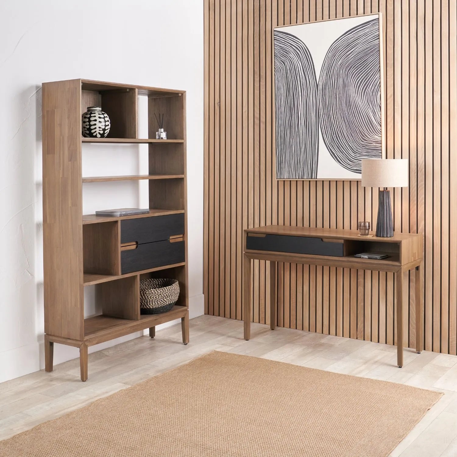 Tall Modern Scandi Black & Natural Acacia Wood Bookcase with 2 Drawers – 7-Niche Wooden Display Shelving Unit 180x100x35cm | Click Style