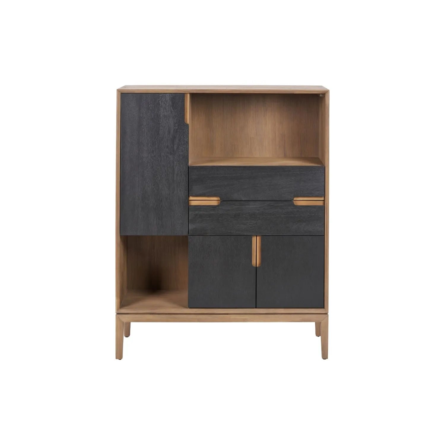 Tall Modern Scandi Black & Natural Acacia Wood Storage & Display Cabinet with 3 Doors & 2 Drawers – Niche Wooden Shelving Unit 140x110x40cm | Click Style
