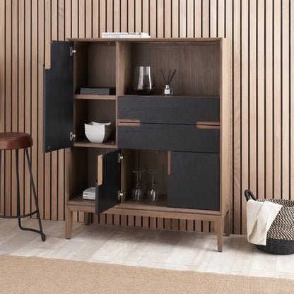 Tall Modern Scandi Black & Natural Acacia Wood Storage & Display Cabinet with 3 Doors & 2 Drawers – Niche Wooden Shelving Unit 140x110x40cm | Click Style