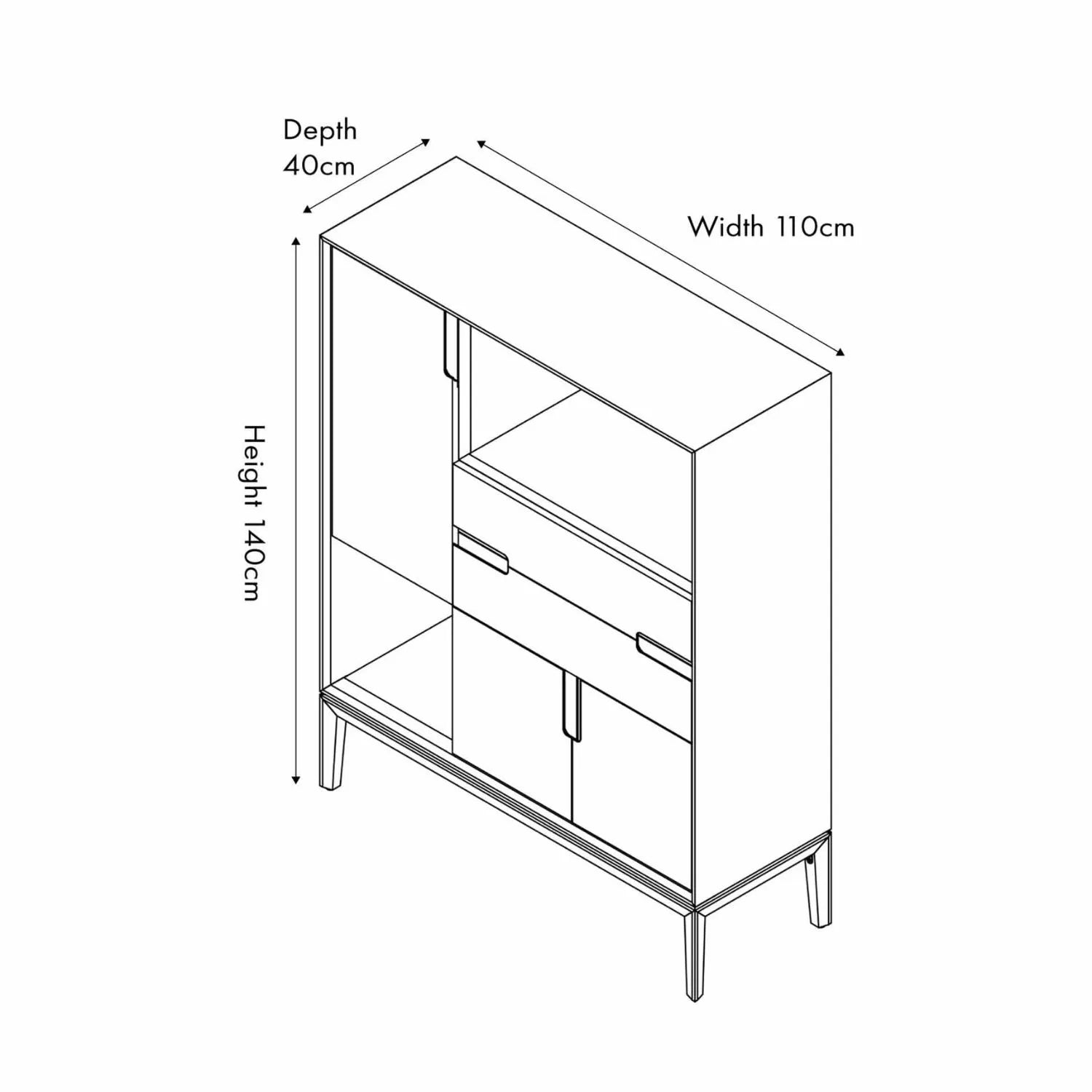 Tall Modern Scandi Black & Natural Acacia Wood Storage & Display Cabinet with 3 Doors & 2 Drawers – Niche Wooden Shelving Unit Dimensions 140x110x40cm | Click Style