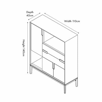 Tall Modern Scandi Black & Natural Acacia Wood Storage & Display Cabinet with 3 Doors & 2 Drawers – Niche Wooden Shelving Unit Dimensions 140x110x40cm | Click Style