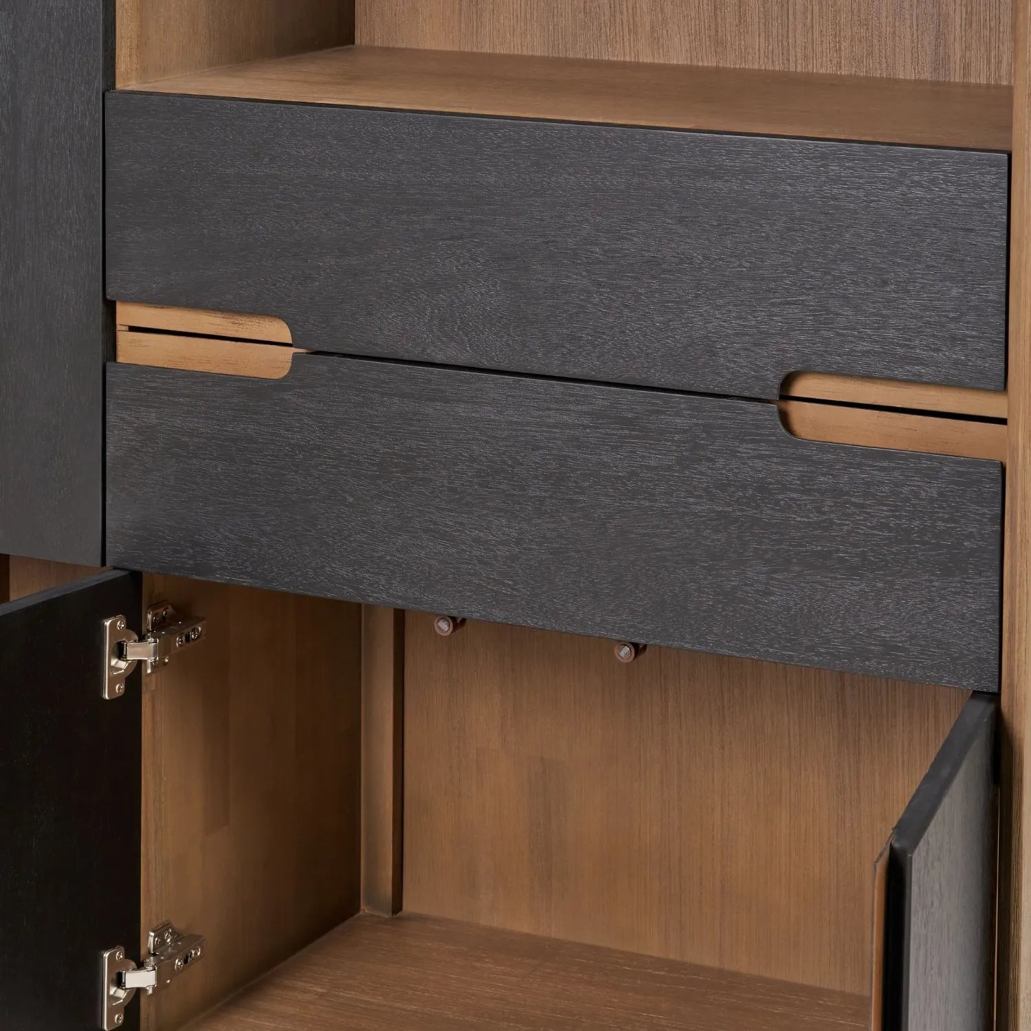 Tall Modern Scandi Black & Natural Acacia Wood Storage & Display Cabinet with 3 Doors & 2 Drawers – Niche Wooden Shelving Unit 140x110x40cm | Click Style