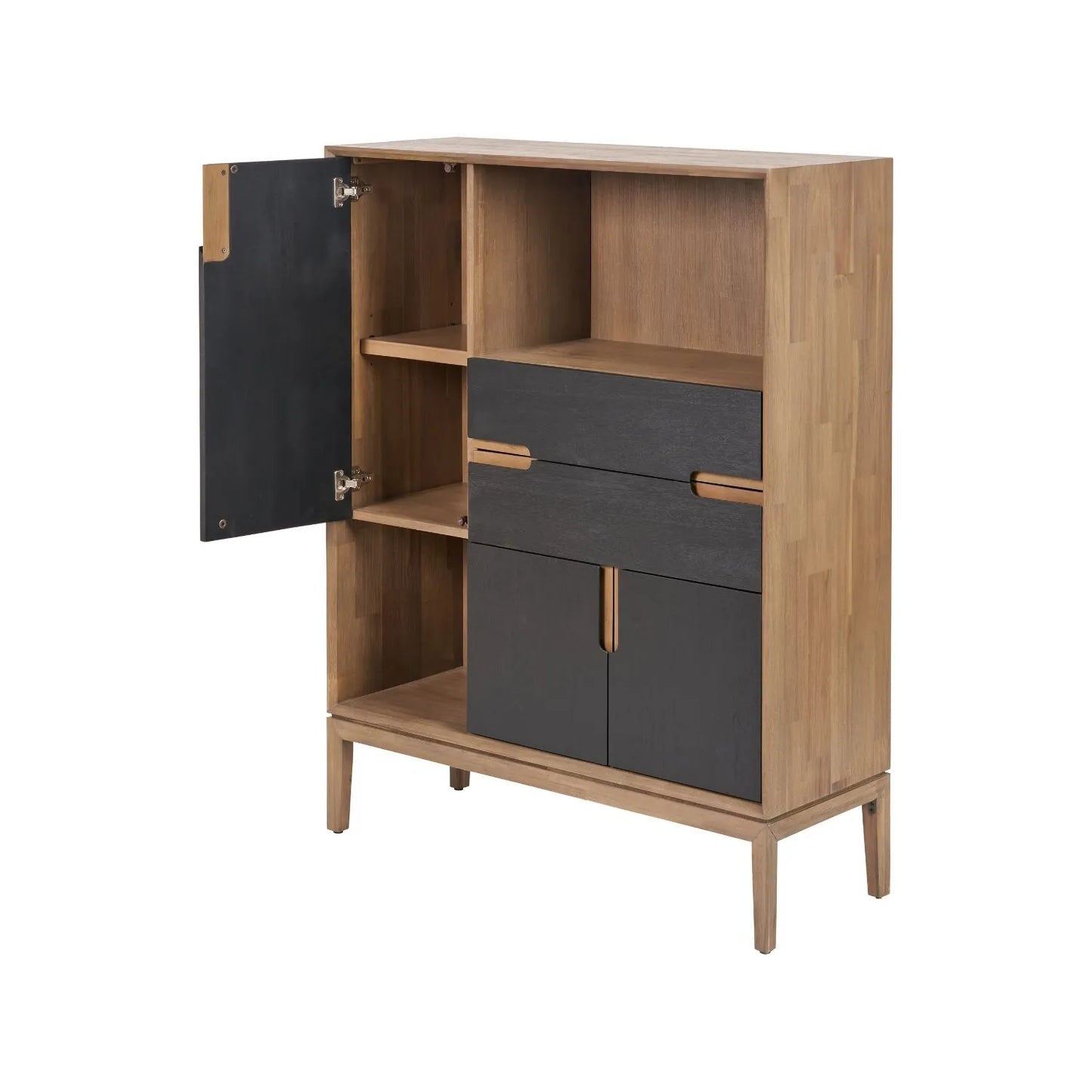 Tall Modern Scandi Black & Natural Acacia Wood Storage & Display Cabinet with 3 Doors & 2 Drawers – Niche Wooden Shelving Unit 140x110x40cm | Click Style