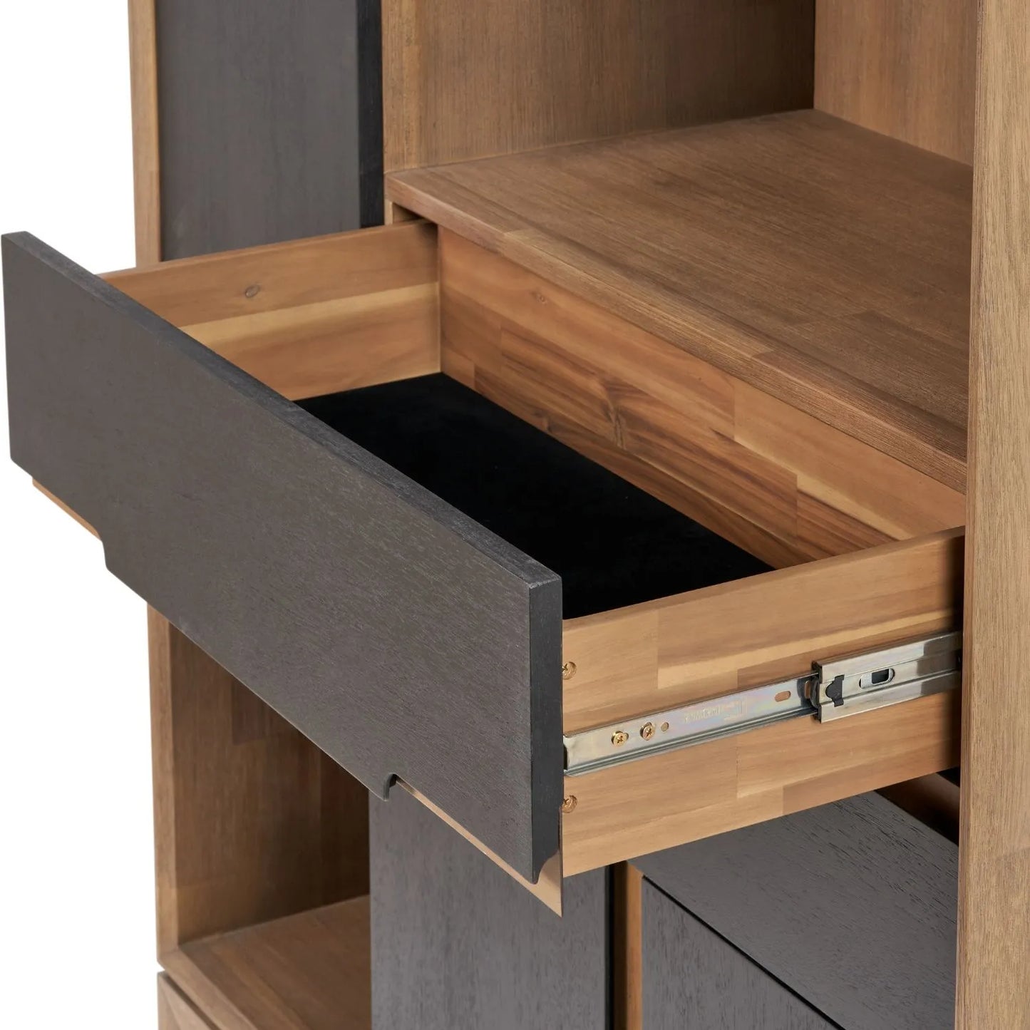 Tall Modern Scandi Black & Natural Acacia Wood Storage & Display Cabinet with 3 Doors & 2 Drawers – Niche Wooden Shelving Unit 140x110x40cm | Click Style