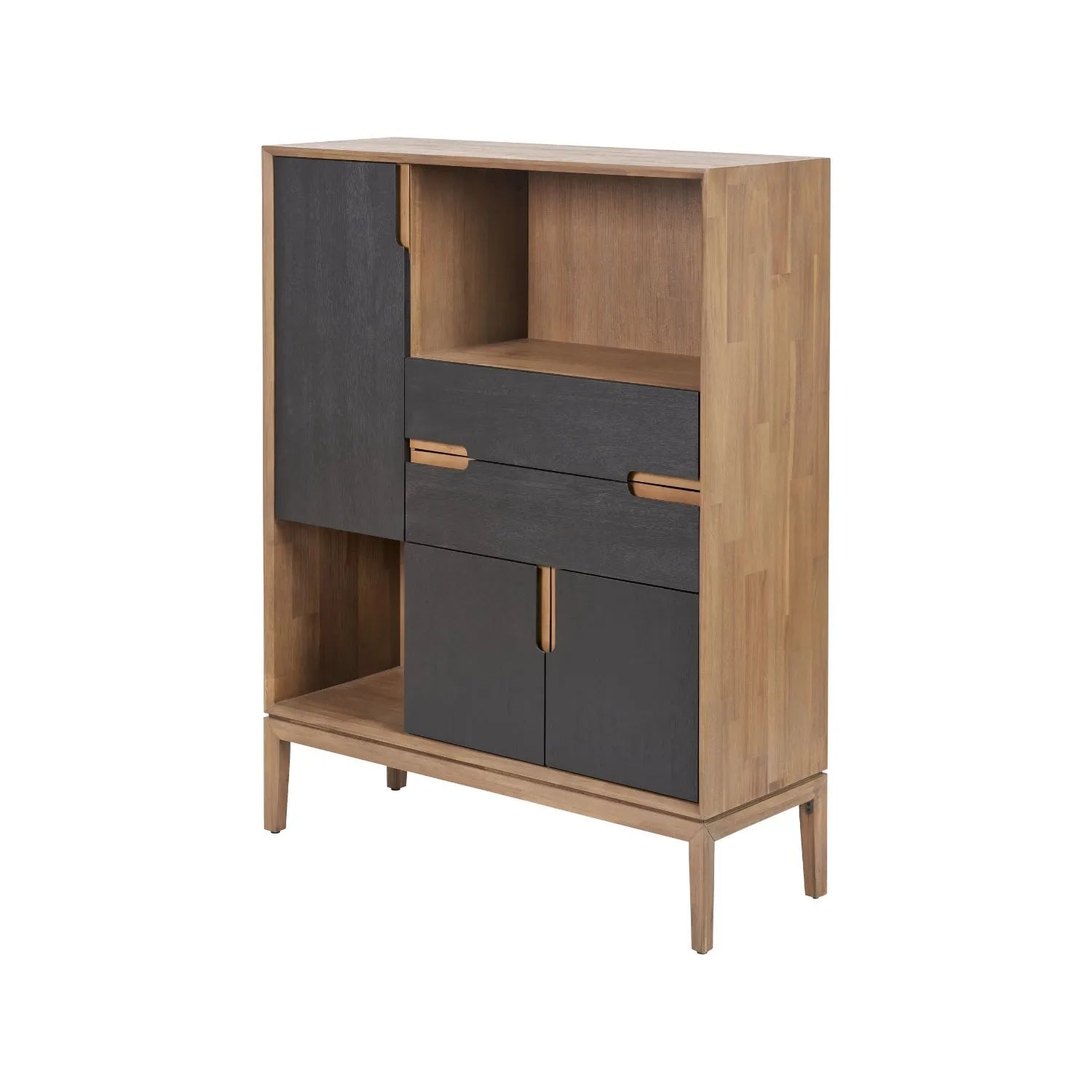 Tall Modern Scandi Black & Natural Acacia Wood Storage & Display Cabinet with 3 Doors & 2 Drawers – Niche Wooden Shelving Unit 140x110x40cm | Click Style