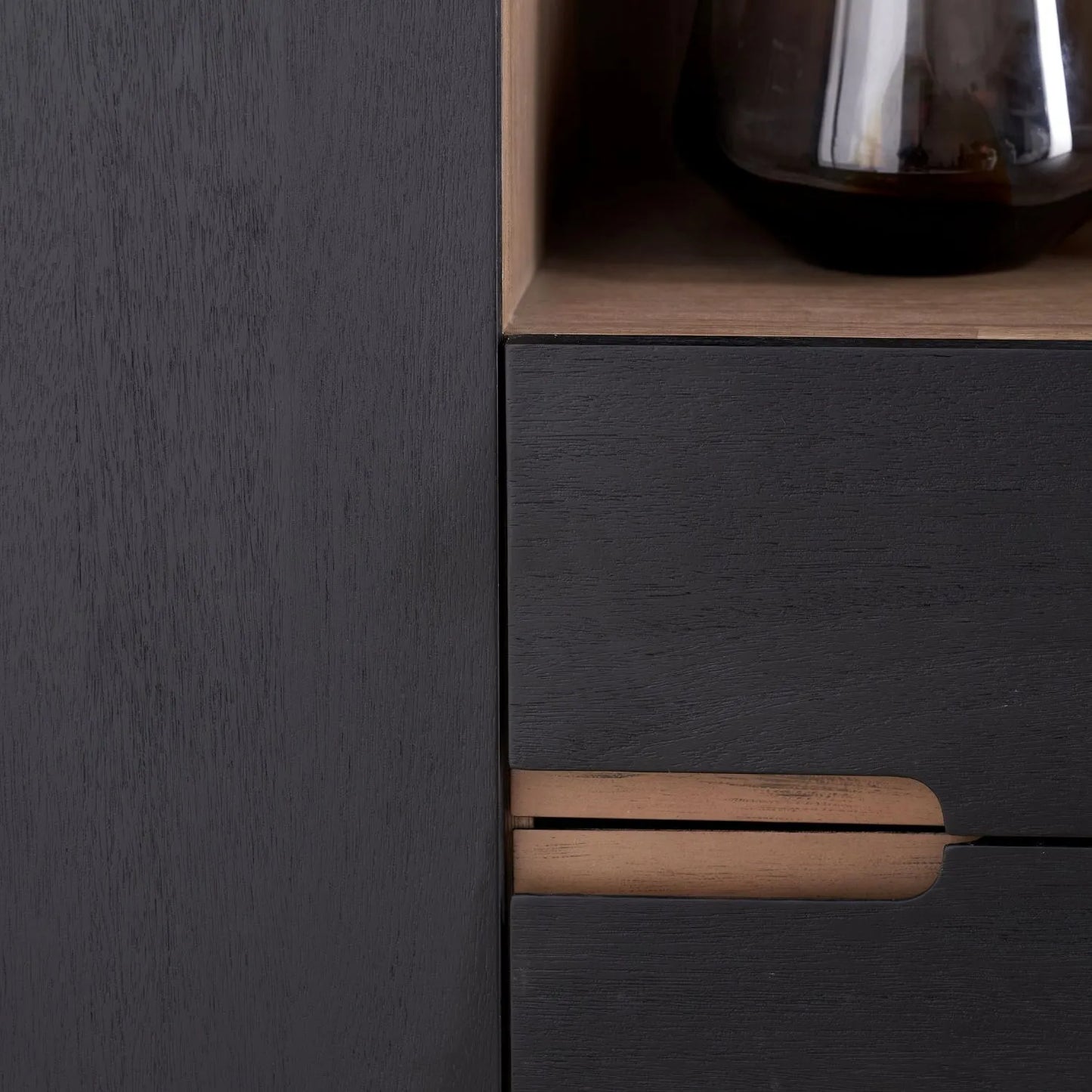 Tall Modern Scandi Black & Natural Acacia Wood Storage & Display Cabinet with 3 Doors & 2 Drawers – Niche Wooden Shelving Unit 140x110x40cm | Click Style