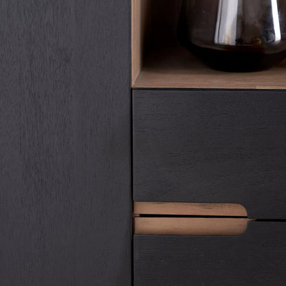Tall Modern Scandi Black & Natural Acacia Wood Storage & Display Cabinet with 3 Doors & 2 Drawers – Niche Wooden Shelving Unit 140x110x40cm | Click Style