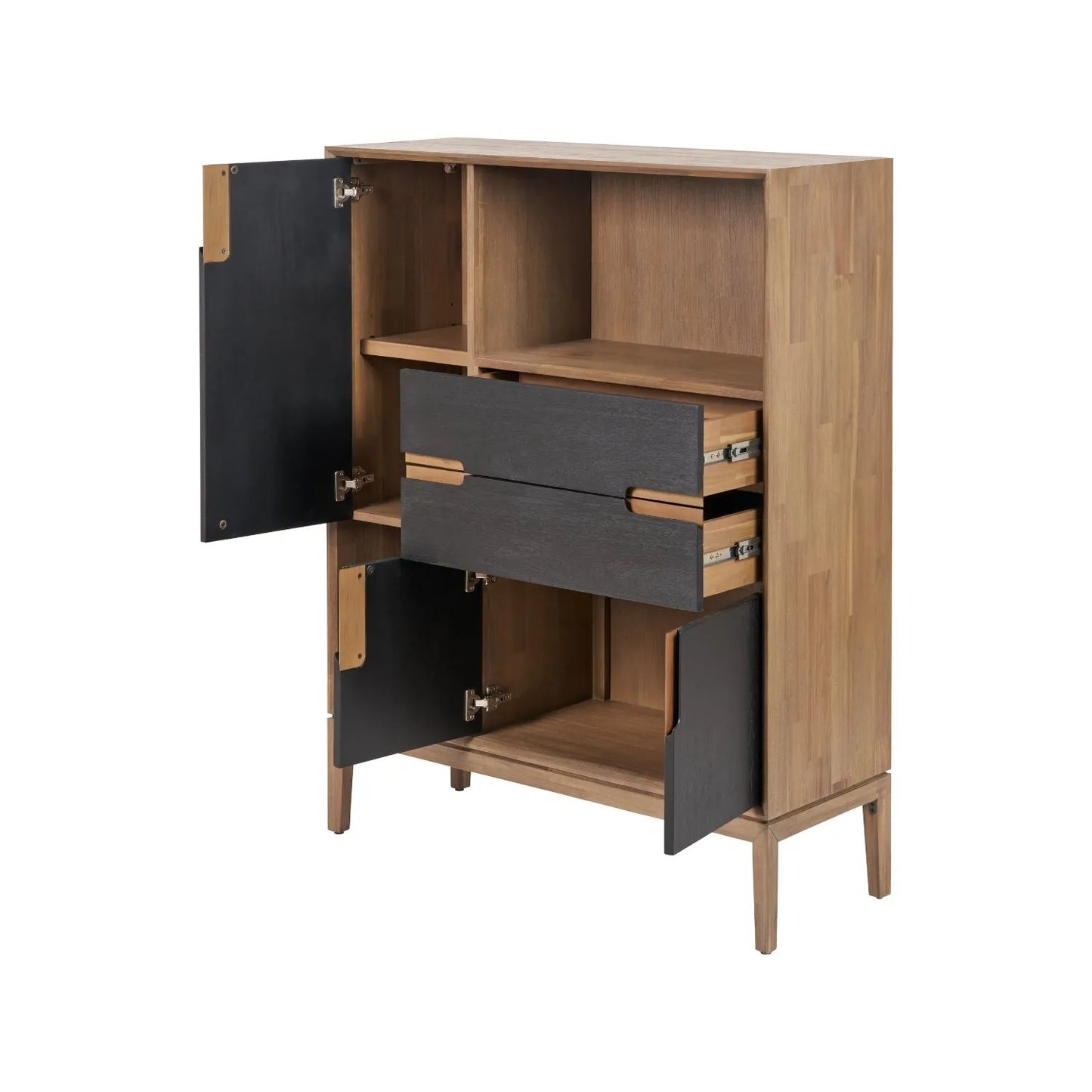 Tall Modern Scandi Black & Natural Acacia Wood Storage & Display Cabinet with 3 Doors & 2 Drawers – Niche Wooden Shelving Unit 140x110x40cm | Click Style