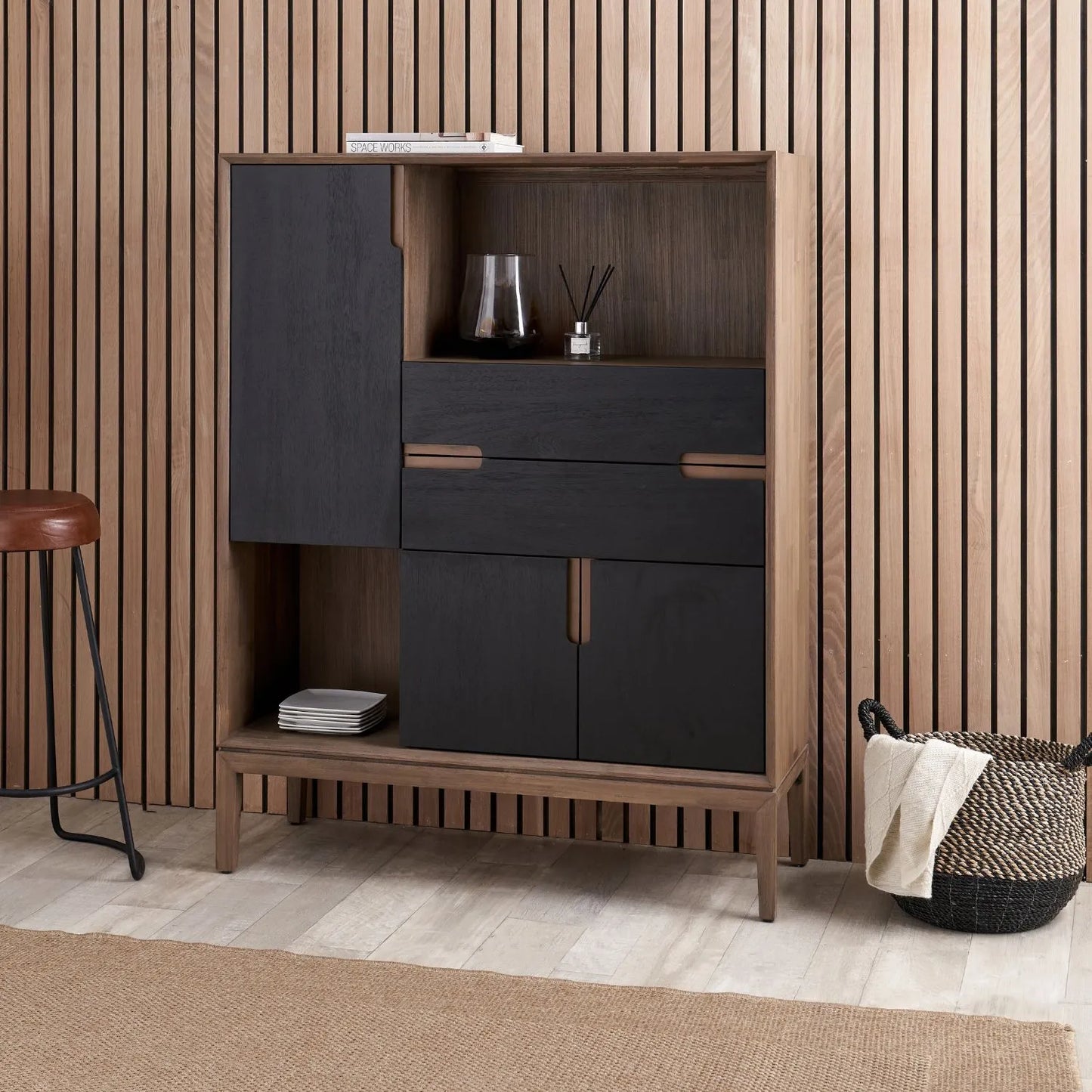 Tall Modern Scandi Black & Natural Acacia Wood Storage & Display Cabinet with 3 Doors & 2 Drawers – Niche Wooden Shelving Unit 140x110x40cm | Click Style