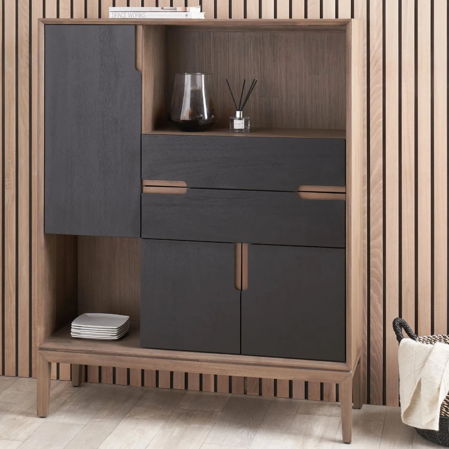 Tall Modern Scandi Black & Natural Acacia Wood Storage & Display Cabinet with 3 Doors & 2 Drawers – Niche Wooden Shelving Unit 140x110x40cm | Click Style