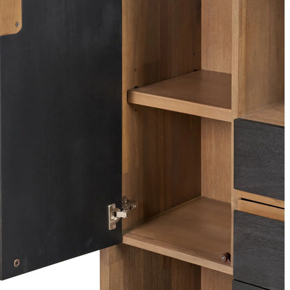 Tall Modern Scandi Black & Natural Acacia Wood Storage & Display Cabinet with 3 Doors & 2 Drawers – Niche Wooden Shelving Unit 140x110x40cm | Click Style